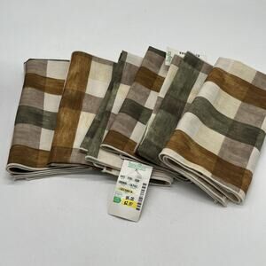 Vintage Set Of 6 Home Wear Plaid Cloth Napkins Ivory Polyester Green Brown 18x18